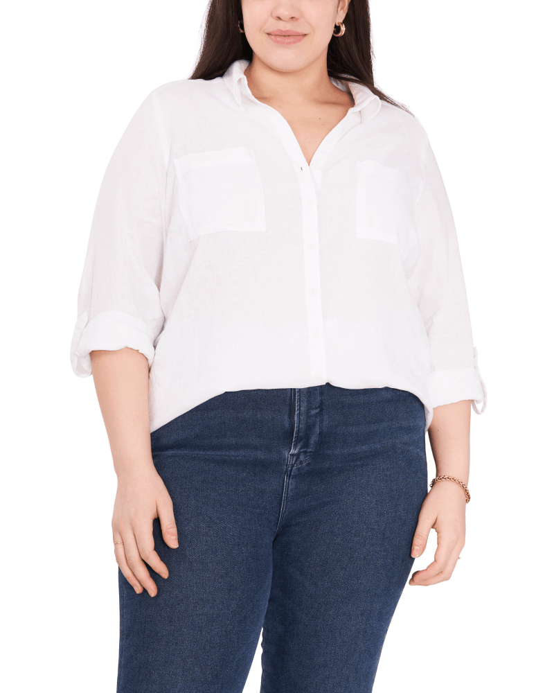Front of a model wearing a size 1X Cora Button Down Blouse in ULTA WHITE by Vince Camuto. | dia_product_style_image_id:261612